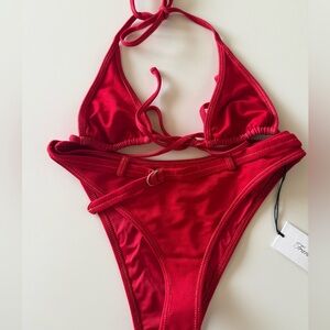 Frankie’s Bikinis Red Denim Bikini Set Medium Bottom Small Top